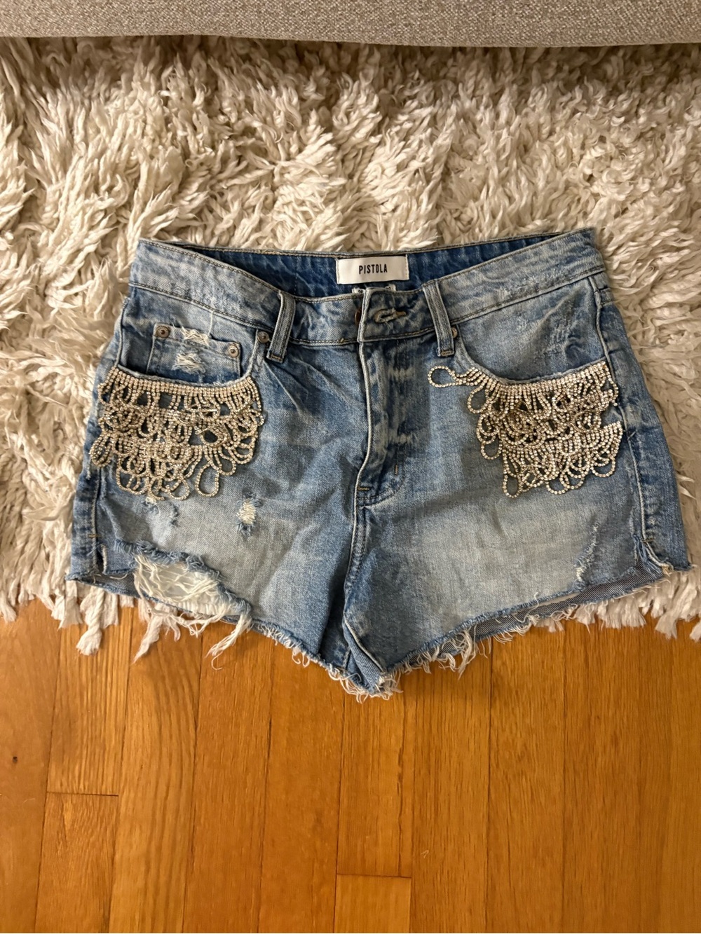 pistola light blue denim shorts with silver bead fringe